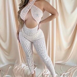 Elegant Cream Mesh Halter Jumpsuit